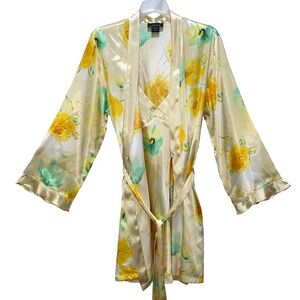 Jones NY Satin Yellow Floral Nightie + Robe S/M Sleepwear Summer Bows Cottage